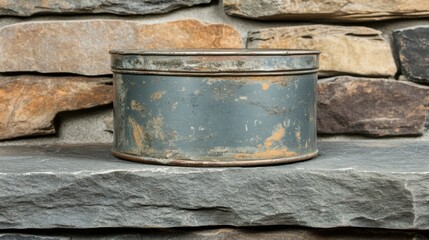 Naklejka premium Vintage rusty tin can on stone surface with brick background