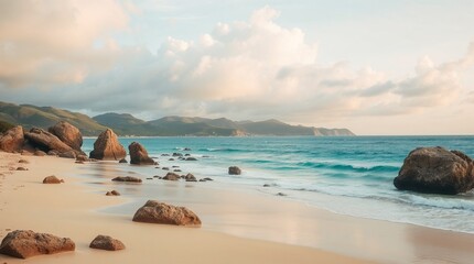 Serene beach landscape with rocks and gentle waves against a tranquil sky, ample copy space  