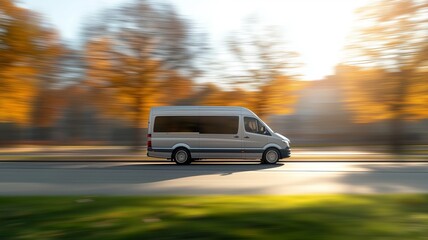 Fototapeta premium Silver van on city road with blurred motion effect in autumn setting