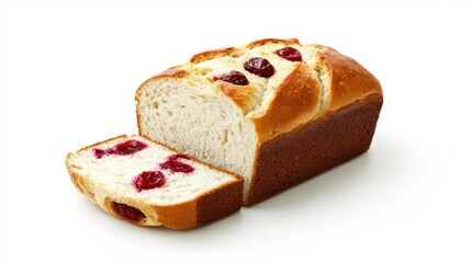 Freshly Baked Loaf of Cranberry Bread Displayed on a White Background with a Slice Cut Off, Perfect for Culinary and Food Photography