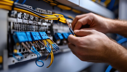 Close-up view shows an electrician's hands skillfully working on electrical connections within a control panel. The focus is on ensuring secure and accurate wiring