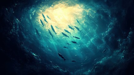 Underwater view of fish swimming in sunlit ocean depths