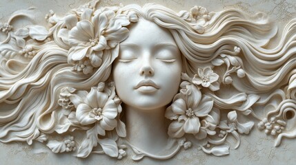 Serene female sculpture with floral details in marble texture