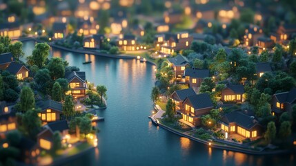 Fototapeta premium digital 3d isometric illustration of an illuminated futuristic eco-smart water front village