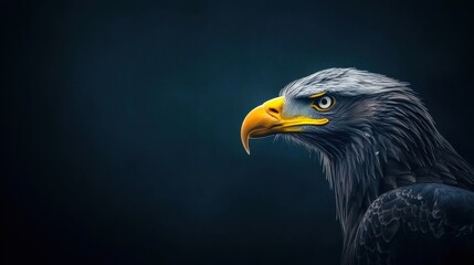 Obraz premium Majestic Eagle Portrait with Sharp Eyes and Distinctive Yellow Beak Against Dark Background Capturing Nature's Power and Beauty in Wildlife Photography