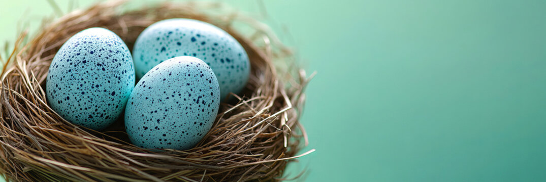 A delicate nest holds four pale blue speckled eggs against a soft green background, symbolizing renewal and hope. The balanced composition offers ample space for text or design elements. - Powered by Adobe