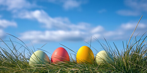 A festive scene of colorful Easter eggs nestled in lush green grass beneath a brilliant blue sky, with ample space for text, making it ideal for seasonal banners and holiday promotions.