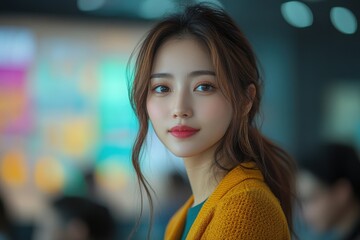 Asian Woman Developer Presents Her Project to Colleagues During Meeting in Modern Office Space, Showcasing Software Progress and Teamwork