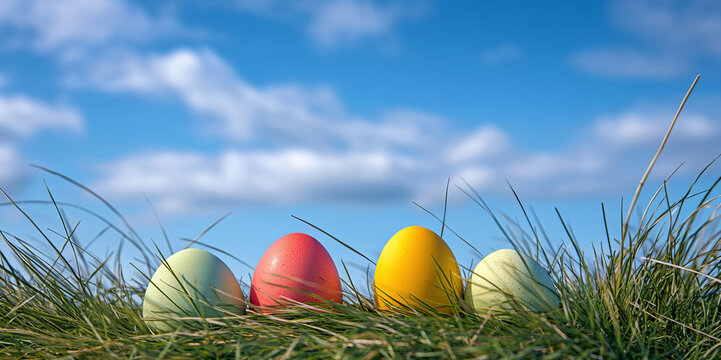 A festive scene of colorful Easter eggs nestled in lush green grass beneath a brilliant blue sky, with ample space for text, making it ideal for seasonal banners and holiday promotions.