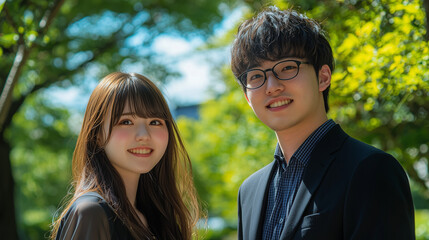 Young Asian man and woman in businesswear smiling outdoors with greenery background, conveying partnership, youth leadership, and professional lifestyle themes.