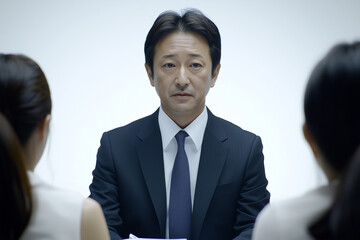 Front view of experienced executive in suit, listening to candidate during formal job interview. Leadership, decision-making, HR recruitment concept.