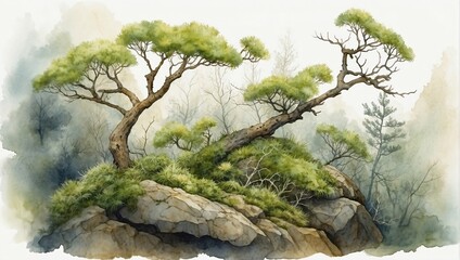 Fototapeta premium tree in the forest, watercolor moss, watercolor grass, branches of a tree