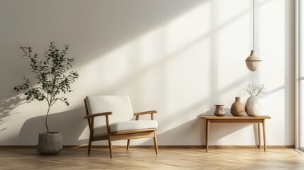 Modern interior living room features an armchair and decorative accessories against a white-colored wall- 3D rendering