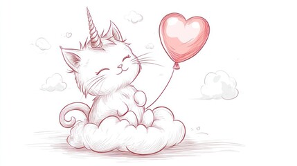 Cute unicorn cat on a cloud with heart balloon.  Possible use children's book illustration