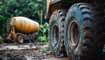 Close-up of rugged industrial truck tires covered in mud, indicating heavy use on a construction site. A concrete mixer truck is visible in the background, enhancing the industrial atmosphere