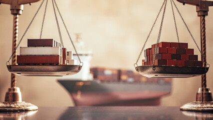 A surreal representation of tariffs through floating trade scales, balancing imports and exports in a dreamlike scene of levitating cargo ships and containers.