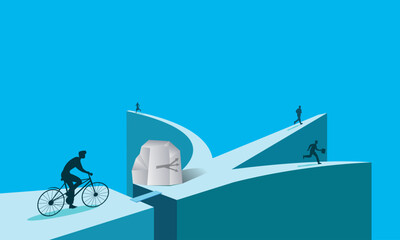 The concept of choosing the right business plan and economic strategy in business. The stone on the road shows three directions, three roads. Vector drawing