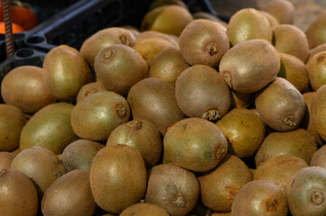 Fresh kiwis piled high at a bustling market, showcasing their natural golden-brown hues and inviting texture