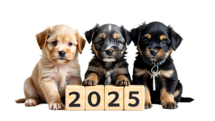 Fluffy puppies with '2025' blocks isolated on transparent background. Cheerful studio shot for New Year, calendars, greetings, pet themes.