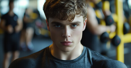 Fototapeta premium Close-up portrait of a determined young man with piercing eyes in a gym setting. He exemplifies discipline, inner strength, and the drive for personal improvement through fitness.
