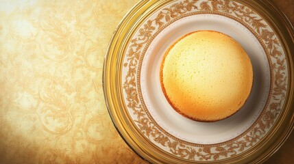 Top view of lemon sponge cake in ceramic chineese design plate on a gold elegant background beans, hyper realistic photo with high quality