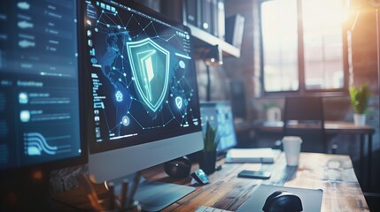 Close-up of a digital screen with a pop-up ad blocked by a shield icon, symbolizing ad-free browsing and online privacy protection in a modern workspace setting.
