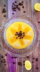 Top view of lemon sponge cake in transparent plate on a purple rustic wooden planks surrounded by coffee beans, hyper realistic photo with high quality