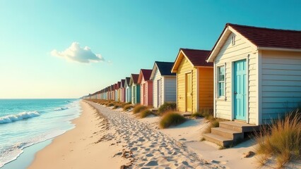 Obraz premium Vibrant Beachfront Cottages Line a Sunny Coastal Shore with Gentle Waves and a Sandy Path
