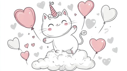 Cute unicorn cat on cloud with balloons; celebration; happy; fantasy; children's; cartoon; illustration;  stock