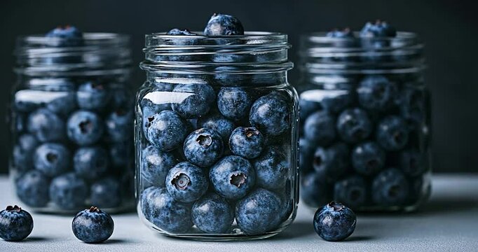 Three glass jars filled with fresh blueberries sit on a light blue surface against a dark background.  Blue tones dominate the image