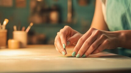 Obraz premium Crafting and Creating: Close-Up of Hands with Turquoise Nails Working with Tools on a Wooden Table in a Bright and Inviting Workshop Space