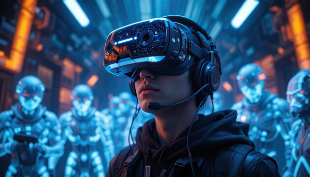 A player besieged by hologram enemies while donning a state-of-the-art virtual reality headset. - Powered by Adobe