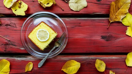 Top view of lemon sponge cake in transparent plate on a red rustic wooden planks surrounded by autumn leaves, hyper realistic photo with high quality