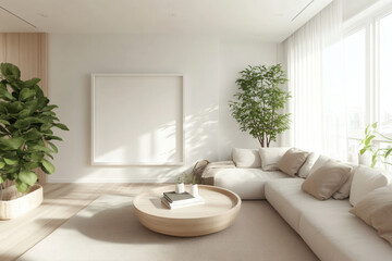 Bright Scandinavian Living Room with Large White Picture Frame Mockup