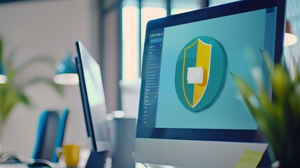 Close-up of a digital screen with a pop-up ad blocked by a shield icon, symbolizing ad-free browsing and online privacy protection in a modern workspace setting.

