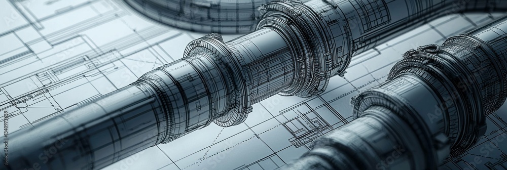 Poster abstract technical blueprint showing intricate piping systems and engineering designs in a blue and 