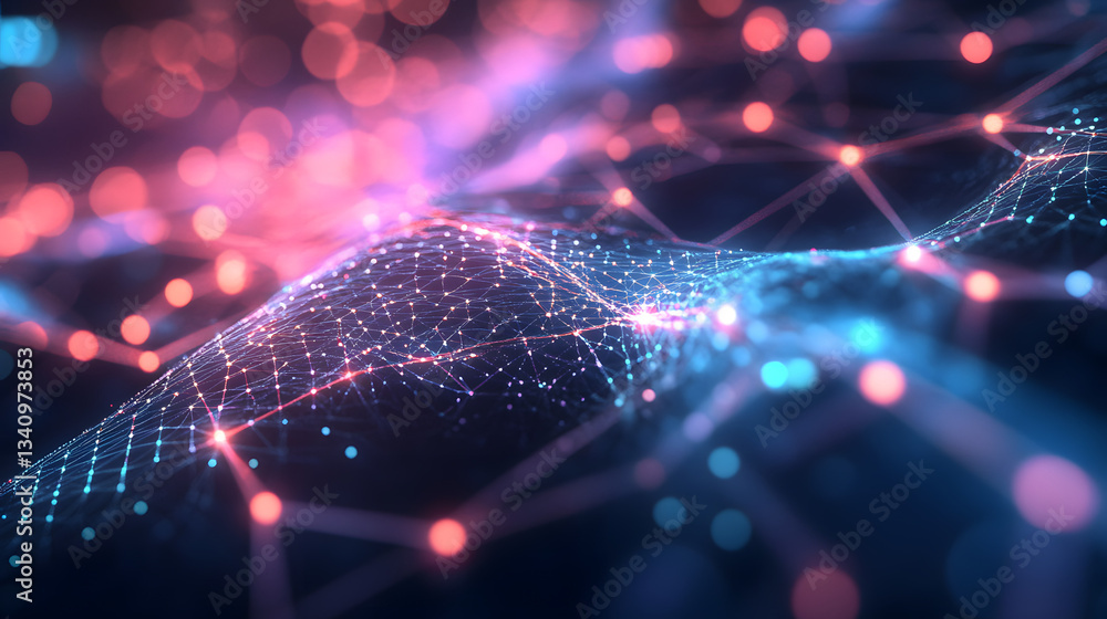 Poster neural network 3d illustration. big data and cybersecurity. data stream. global database and artific