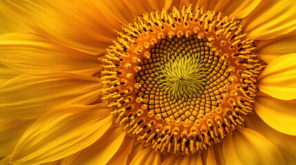 A vibrant sunflower in extreme close-up, its golden petals radiating outward from a detailed, textured center
