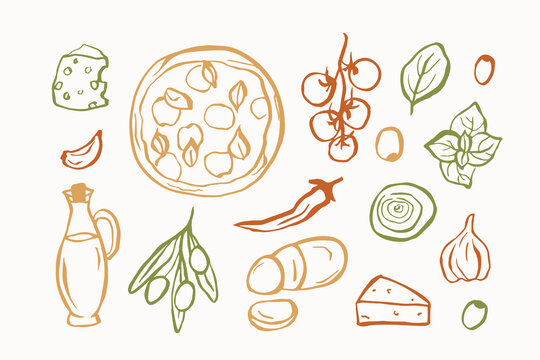 Hand drawn doodle pizza ingredients illustration