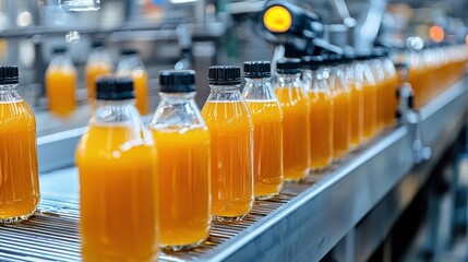 Modern production line for bottling and packaging natural juices and drinks. Concept of an industrial juice bottling plant, conveyor with juice.