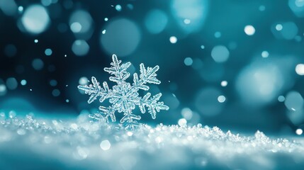 Fototapeta premium Crystal-Clear Snowflake on Sparkling Surface with Blurred Background and Bokeh Effect for Winter, Christmas, and Seasonal Themes