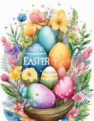 Easter Basket Filled with Colorful Eggs and Spring Flowers