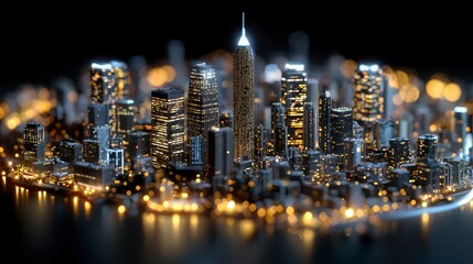 Night Cityscape Illuminated Skyscrapers and Dark Water Reflections