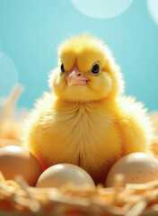 Yellow chick sitting in a straw nest with chicken eggs. Easter concept.