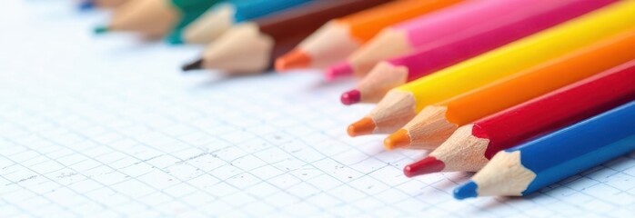 Colored pencils lying on graph paper with copy space for back to school banner