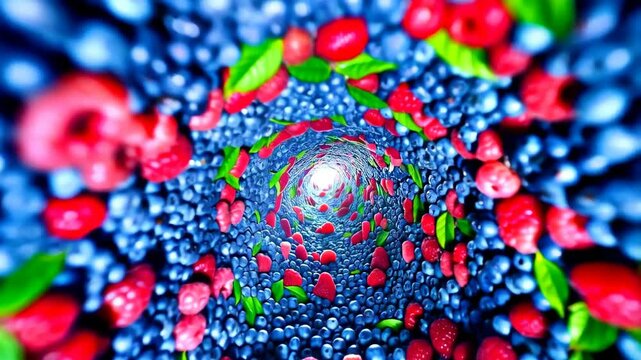 Dynamic twirling background of fresh blueberries and raspberries in a colorful tunnel spiral.