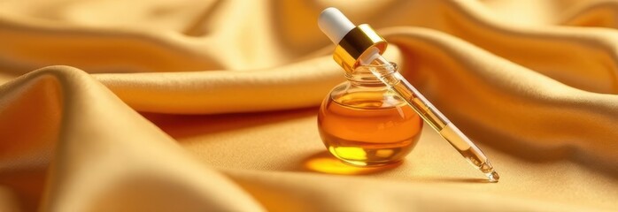 Cosmetic bottle with pipette lying on golden silk: banner with copy space for beauty products