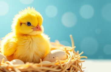 Yellow chick sitting in a straw nest with chicken eggs. Easter concept.