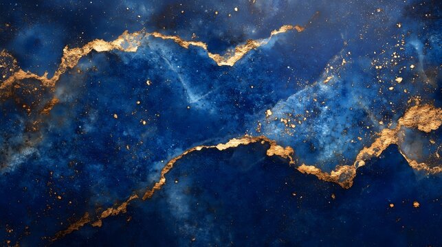 Close-up view of lapis lazuli texture featuring deep blue hues with shimmering gold veins for elegant backgrounds and wallpapers
