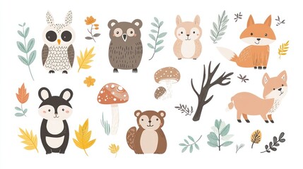 Fototapeta premium Cute woodland animals and autumn leaves; Children's book illustration